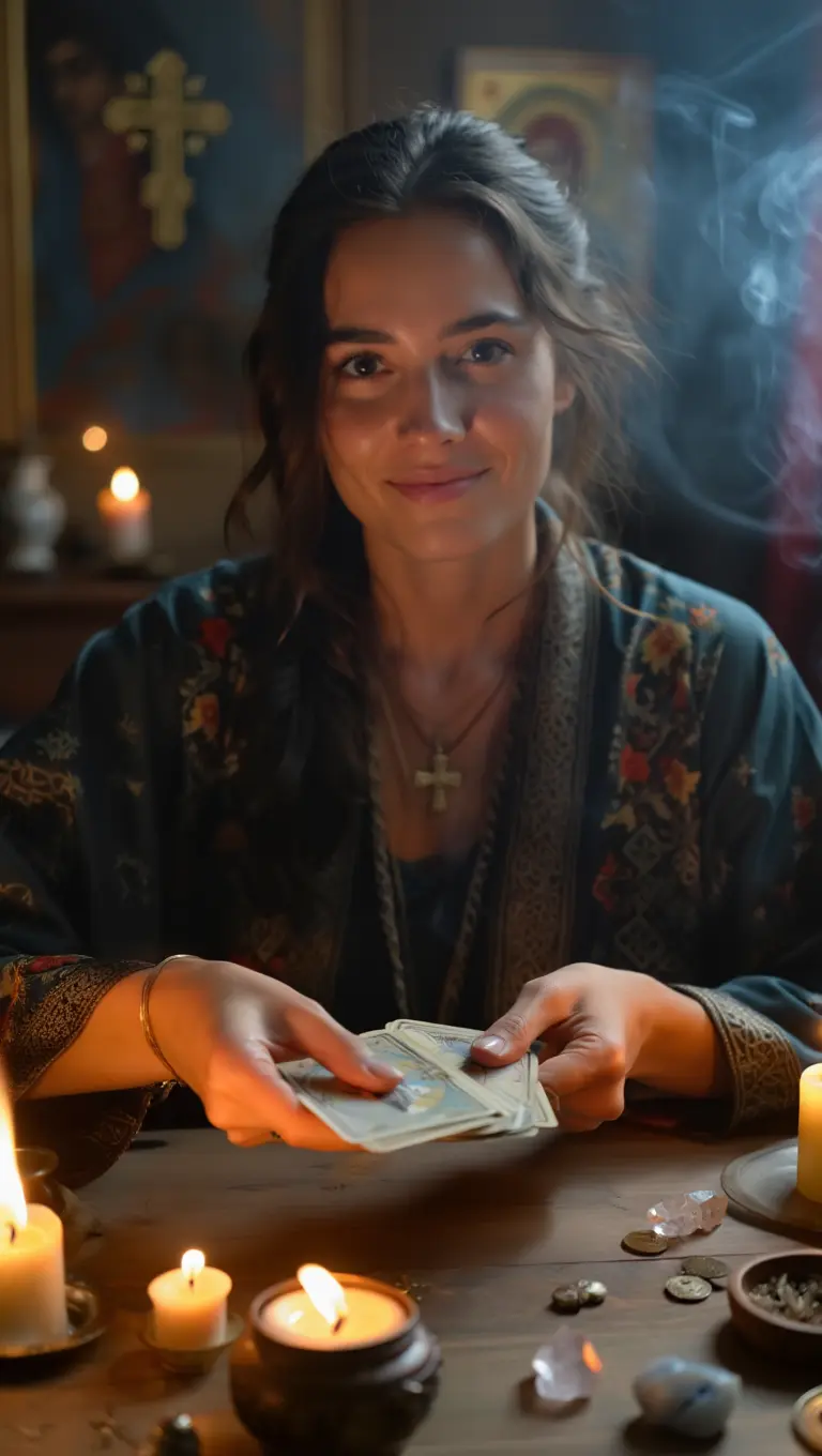 Гадалка Анна Михайлівна проводит обряд отливания воском на картах Таро при свечах — эзотерический ритуал очищения и предсказания будущего